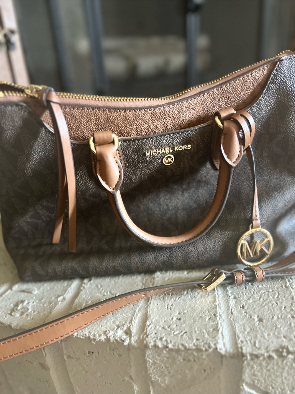 Michael Kors Brown/Tan Signature Satchel with Gold Hardware